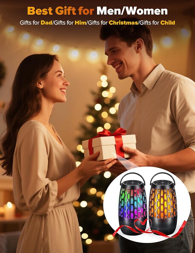 Outdoor Speakers with Flame & RGB Lights, 10W HD Stereo, Bluetooth 5.3 Auto-Pairing, Multi-Sync 100+ Speakers, IPX6 Waterproof, Perfect for Patio, Pool, Party | Gifts for Men & Women (2Pack)