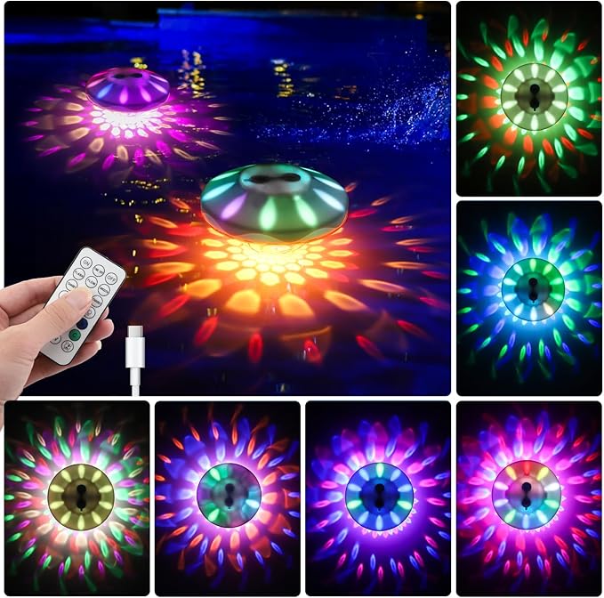 QOLNBY Floating Pool Lights(2 Pack), IP68 Waterproof Pool Lights, Rechargeable RGB Upper and Lower Color Changing Pool Lights with 6 Dynamic Lighting Effects, Floating Light for Pond Gardens,Party