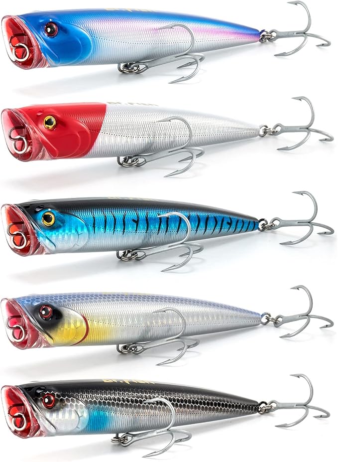 Dr.Fish Popper Saltwater Fishing Lures, 4/5.5 Inches GT Popper VMC Treble Hooks Surf Fishing Lures for Bass Striper Pike Salmon Offshore