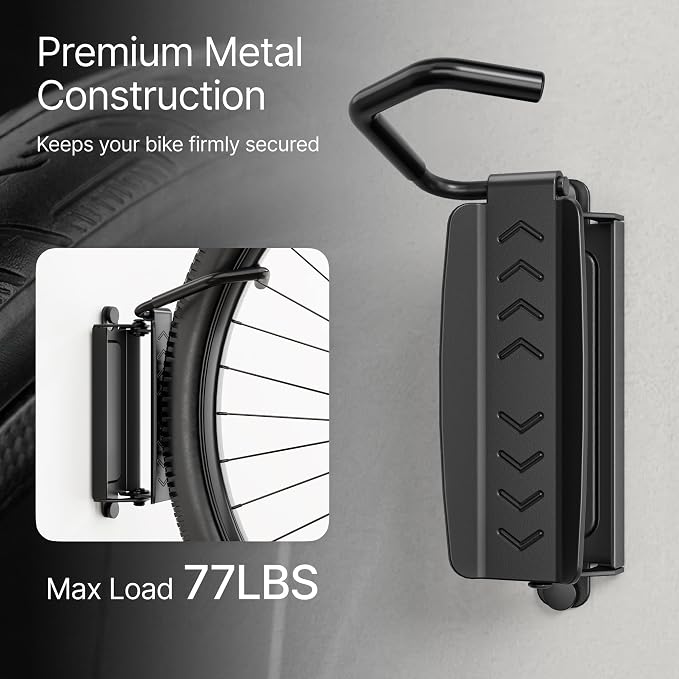 PEGZONE 2 Pack Bike Hooks for Garage, Heavy Duty Swivel Bike Wall Mount, Holds 77 Lbs Bike Wall Hanger, Adjustable Garage Bike Rack for Bedroom Home Office, 2 Pack