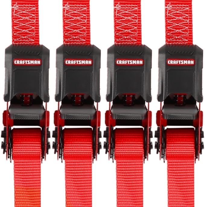 CRAFTSMAN CMXAZBS15004 Black/Red 1" x 12' Ratchet Tie Down Straps - Light/Mid-Weight Duty (1500 lb Break Strength), 4 Pack
