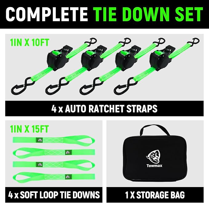 Retractable Ratchet Straps (Patented-4pack) - 1 inch x 10Feet (1,800lb Break Strength) Auto Self Retracting Tie Down Straps - Self Retractable Straps with Refletcive for Motorcyle, Truck or Cargo