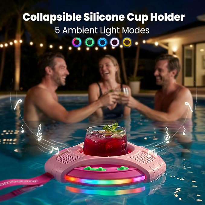 Mambobaby Floating Bluetooth Speaker with Collapsible Cup Holder, IPX7 Waterproof Shower Speaker with 360° Sound & LED Lights, Pool, with Versatile Hanging Strap, Great Gift for All Ages(Yellow Blue)