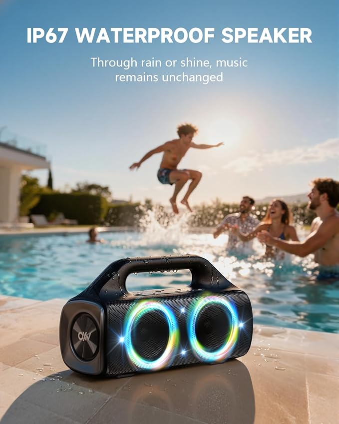 IP67 Waterproof Bluetooth Speaker:80W(Peak) Loud Outdoor Portable Wireless Party Speakers with LED Lights,20H Playtime,Bluetooth 5.3,Deep Bass & TWS for Pool,Beach (Black)