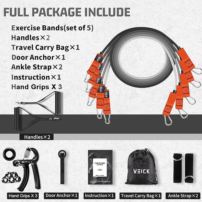 VEICK Resistance Bands Set, 10-150 LBS Stackable Exercise Bands with Handles, Ankle Straps & Door Anchor, Workout Bands for Home Gym, Yoga, Pilates, Physical Therapy for Men Women