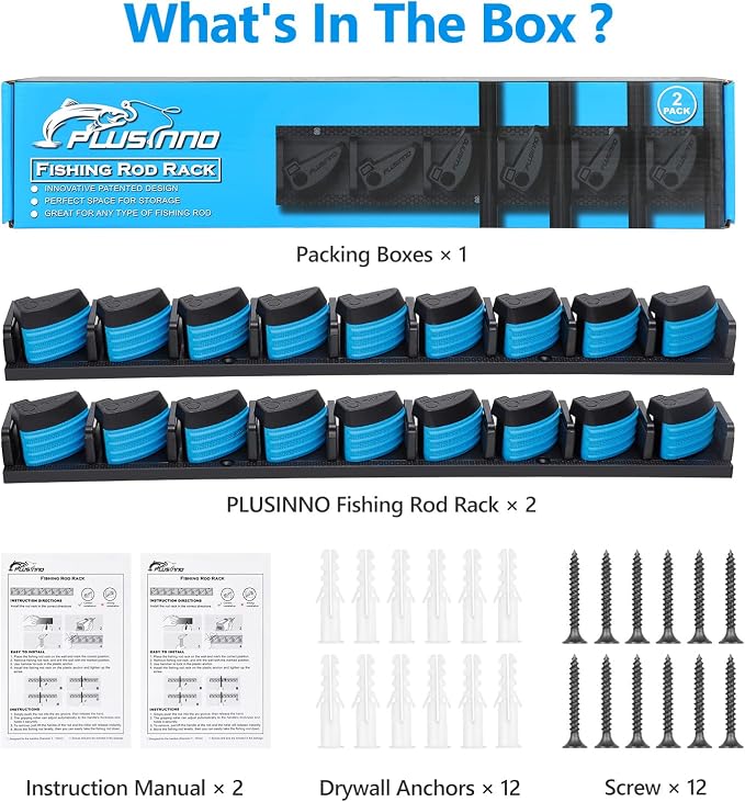PLUSINNO 2 pack Vertical Fishing Rod rack, Wall Mounted Fishing Rod holder, 2 Packs Fishing Pole Holders Hold Up to 18 Rods or Combos, Fishing rod holders for garage, Fishing Gear and Gifts for Men