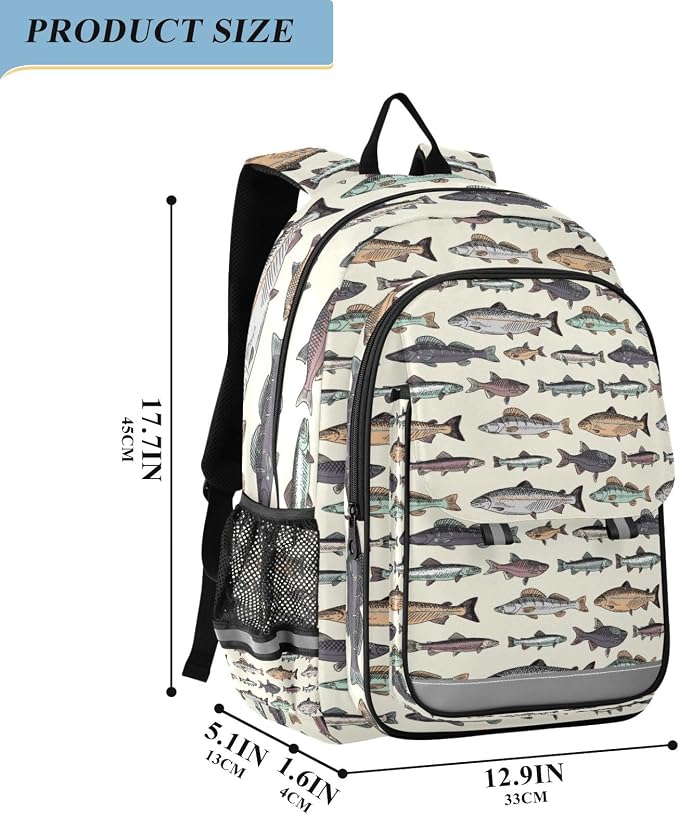 Vintage Fishes School Backpack Laptop Travel Daypack for Kids Girls Boys, Personalized Computer Notebooks Bookbag with Adjustable Padded Straps