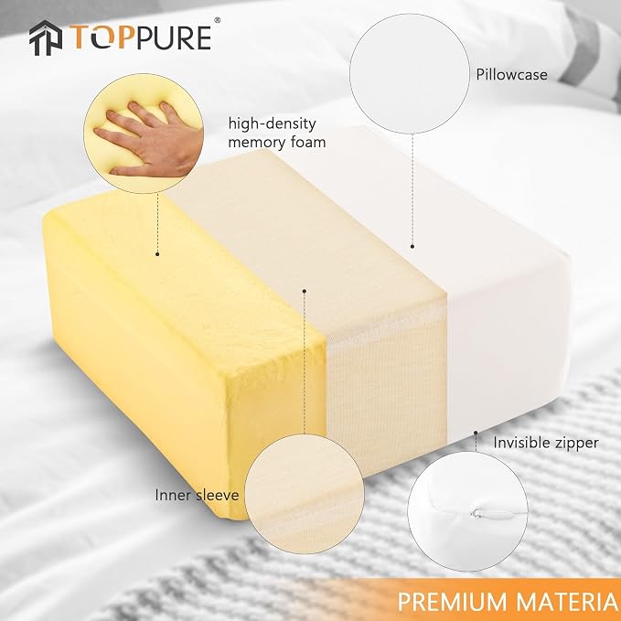 TOPPURE Cube Memory Foam Pillow (14"x14"x5“ Large Cube), Side Sleeper Pillows, Cervical Neck Pillow for Travel, Soft but Spportive Bed Pillow for Neck and Shouder Pain Relief, White
