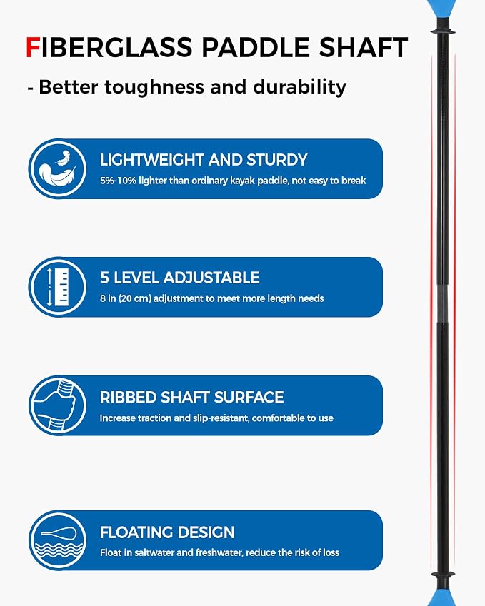 Kayak Paddle with Fiberglass Shaft and Reinforced Nylon Blade, Adjustable Kayaking Oars, 3 Piece, 230-250 cm/90-98 inches, 210-230 cm/82-90 inches