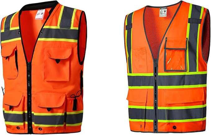SKSAFETY 10/12 Pockets Safety Vest - Class 2 High Visibility Security with Zipper Double-sided mesh, Hi Vis Vest with Reflective Strips, ANSI/ISEA Standard, Construction Work Vest （Orange）