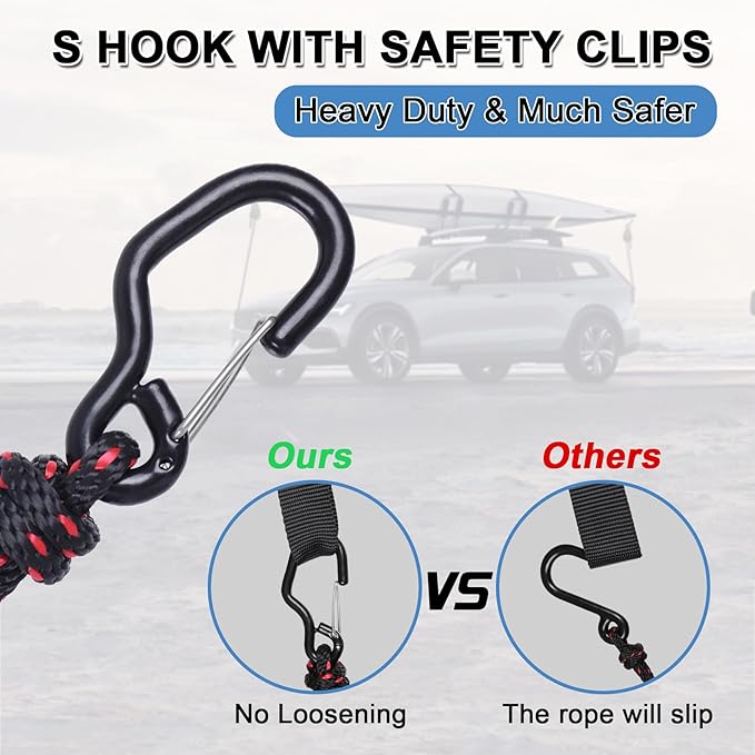 4PCS Kayak Rope Tie Down Ratchet Straps 1/8" ×6' Bow and Stern Tie Down Kayak with Safety S Hooks Heavy Duty Ratchet Rope Kayaks and Canoe Accessories Black