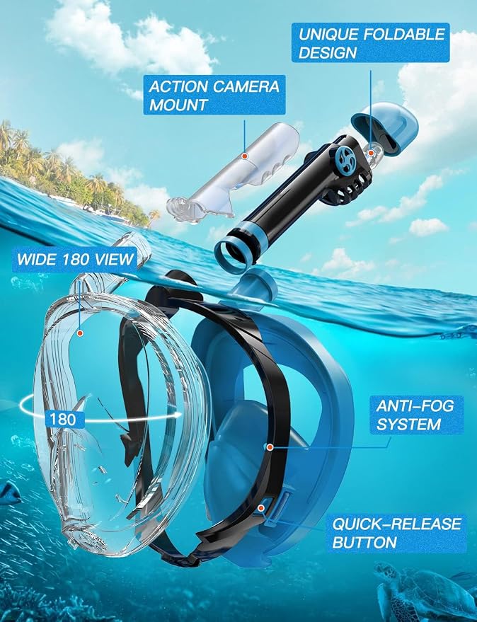 Full Face Snorkel Mask for Adults, 180° Panoramic Anti-Fog Snorkeling Gear with Dry Top System & Camera Mount, Foldable Anti-Leak Design for Travel, Swimming & Ocean Snorkeling