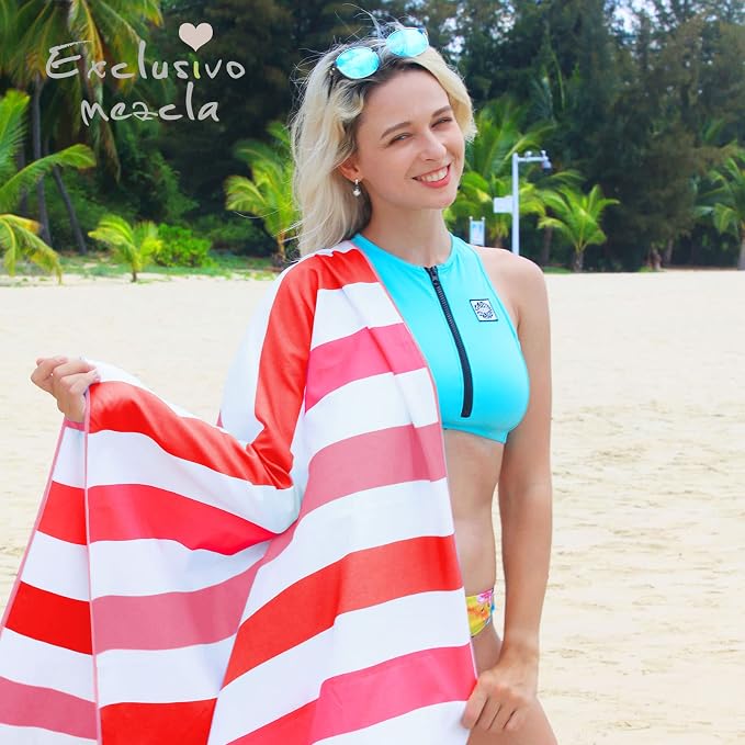 Exclusivo Mezcla Microfiber Quick Dry Beach Towel, Large Lightweight Sandfree Pool Towel for Swimming Camping Travel with Bag (Stripe Red, 30x60 Inches)
