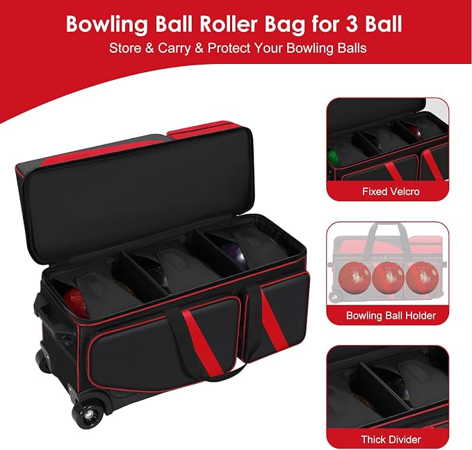 3 Ball Bowling Roller Bag with Smooth Wheels & Shoe Compartment, Heavy Duty 3 Ball Bowling Bag with Retractable Handle, Large Capacity Bowling Bag with Multi-pockets for Tournament, Travel, League