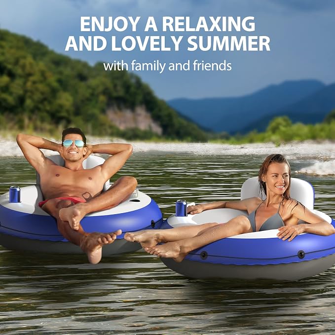 QPAU Inflatable River Tube, 0.4 mm Thickened Puncture-Resistant Heavy Duty River Float, River Raft with Ergonomic Backrest, Mesh Bottom & 2 Cup Holders for Family Friends Lake Float