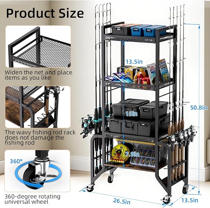 Fishing Gear Storage Fishing Pole Holders for Garage- Rod Holder up to 10 Rods with Wheels and 4 layer of large capacity Shelf，Fishing Organizer for Large Tackle Box -Fishing Gear Storage