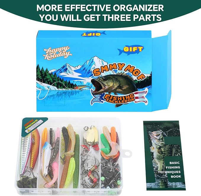 142pcs Fishing Lures Tackle Box Bass Kit with Fishing Techniques Book | 1.Exquisite packaging 2.suitable for beginners and gifts for kids 3.experiment with different fishing techniques