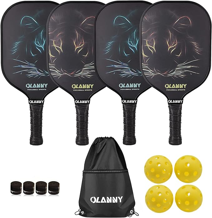OLANNY Graphite Pickleball Paddles Set- Premium Rackets Fiber Face & Polymer Honeycomb Core Pickleball Set Includes Pickleball Paddles + Pickleball Balls+ Replacement Soft Grip + 1 Bag