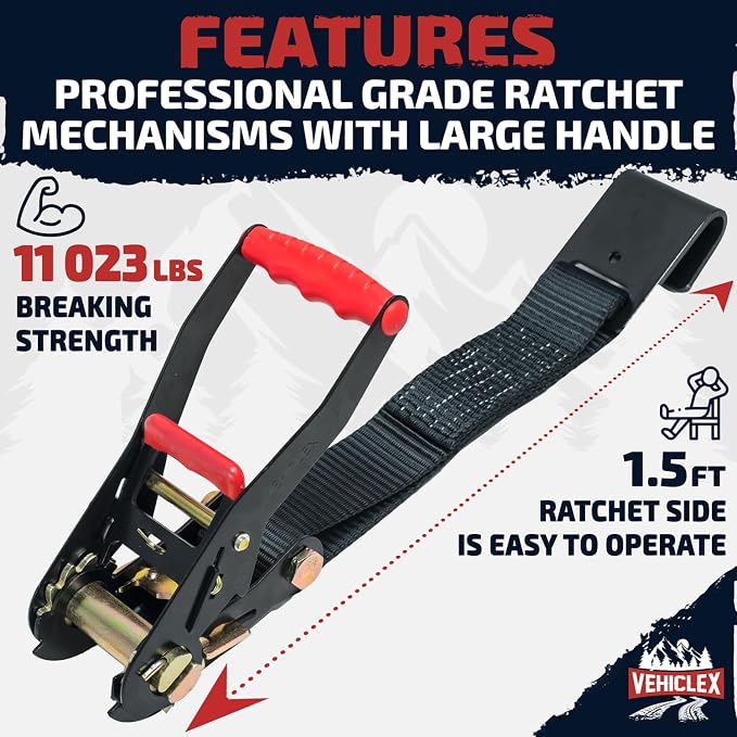 Vehiclex Lasso Wheel Tie Down Straps with Flat Hooks – 4 Pack 2" x 10' Ratchet Straps, 11023 lbs Break Strength for Car Haulers & Trailers