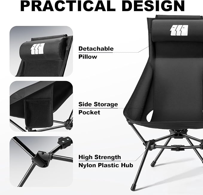 High Back Camping Chairs for Adults Heavy Duty, Portable Folding Camp Chair with Headrest & Side Pockets, Compact Backpacking Chair Supports 330 Lbs for Outdoor Travel Hiking Beach, Black