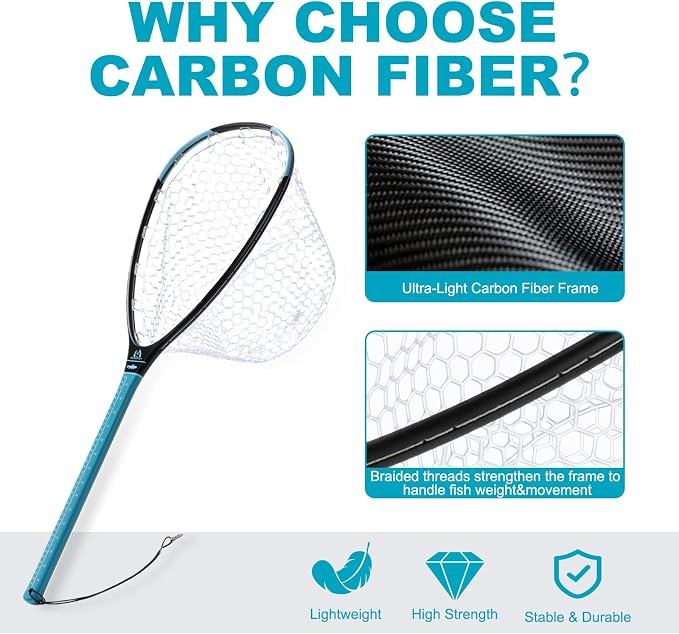 Maxcatch Fly Fishing Landing Net, Carbon Fiber Frame, Rubber Mesh, with Magnetic Net Release, for Trout Bass Catch and Release