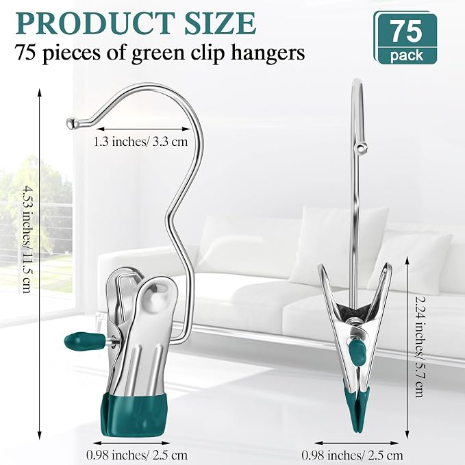 Yinder Boot Hangers Clips Laundry Hooks Hanging Stainless Steel Clothes Pins Portable Hangers for Closet Travel Socks Pants Handbags Hats Towels(Green,75 Pcs)