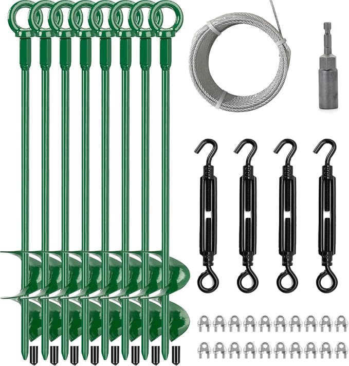 8 Pack 18" Spiral Ground Anchors Kit, Fully Welded Earth Anchors with 100 FT 1/8" Galvanized Cable, 8 Turnbuckles, Wire Rope Clips & Drill Adapter, Tie Down Kit for Shed Trampoline (Green)