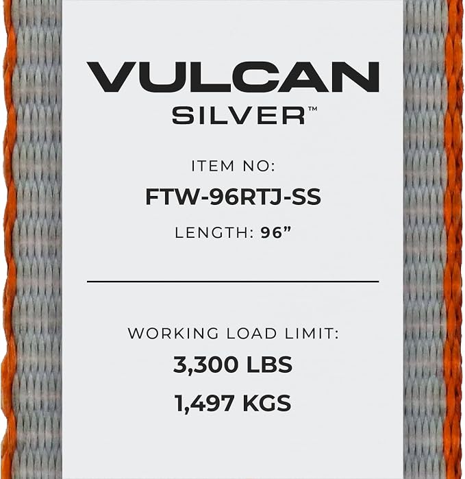 VULCAN Car Tie Down Strap Only - RTJ Hooks - 96 Inch - 4 Pack - Silver Series - 3,300 Pound Safe Working Load