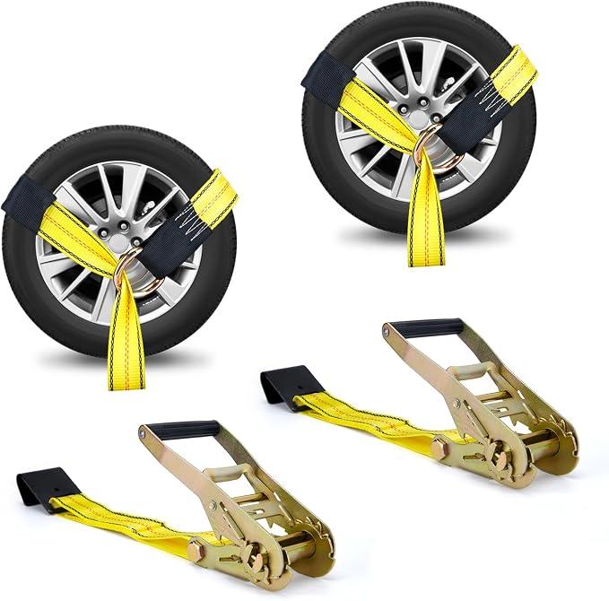 Tire Straps for A Car Trailer, Wheel Tie Down Strap 2" x 10' with Snap Hooks, Car Hauler Wheel Strap for 3300 Pound Safe Working Load (2 Straps)