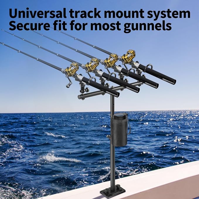 Inshore Rod Holder for Boat, Adjustable Height & 360° Tangle-Free Rotation Gunnels, Aluminum, Includes Cup & Gear Pouch (4 Rod Holder)