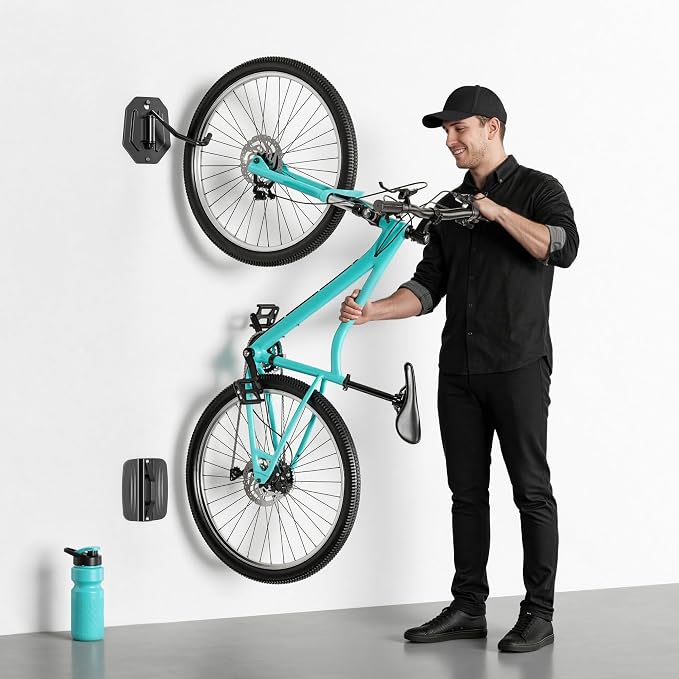 PEGZONE Swivel Bike Wall Mount, Heavy Duty Vertical Bike Rack with Fixed Hooks for Garage Storage, Wall Mounted Bicycle Hangers Holds up to 77 lbs for Indoor, 1 Pack