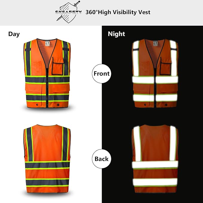 SKSAFETY 10/12 Pockets Safety Vest - Class 2 High Visibility Security with Zipper Double-sided mesh, Hi Vis Vest with Reflective Strips, ANSI/ISEA Standard, Construction Work Vest （Orange）