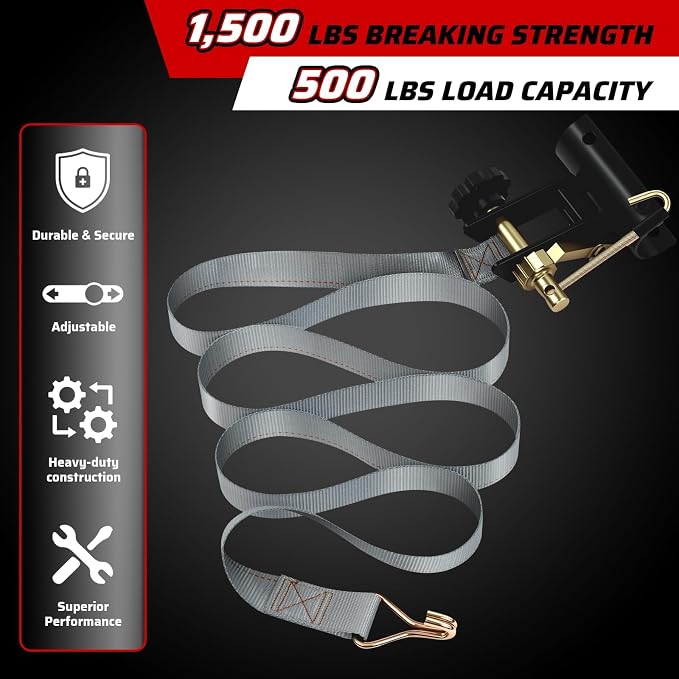Rack Straps with J-Hook (2PK),1.5" x7.5' Ladder Rack Ratchet Straps, 2" Round Tube Mount, Perfect Ladder Rack Tie-Downs for Trailer Cargo Control