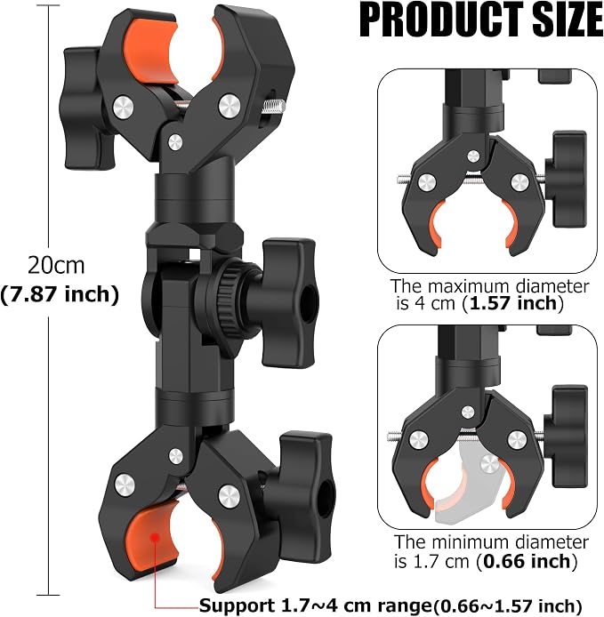 Double Clamp Mount Bracket Magic Arm with 1/4" Screw Interface, Double Super Camera Umbrella Clamp for Chair, Strollers, Photo Studio Light Stand, Motorcycle, Poles, Photography Reflector, Flag