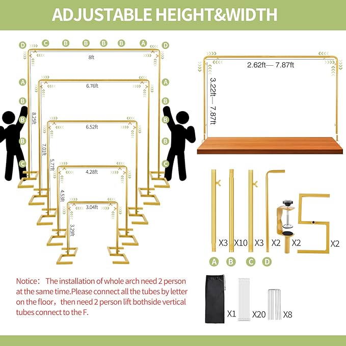 8.2FT x 8FT Backdrop Stand Heavy Duty with Base, Gold Portable Adjustable Pipe and Drape Backdrop Stand Kit, Over The Table Rod Stand with Clamps, Square Metal Arch Party Frame for Birthday Decor