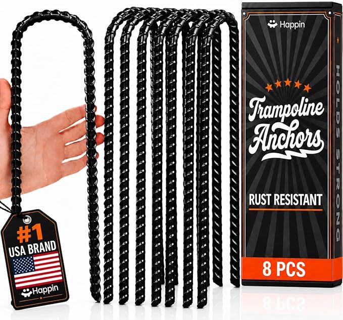 Happin® 12 Inch Trampoline Anchors, Trampoline Stakes, Ground Stakes Heavy Duty, Ground Anchors Screw in, Trampolines Accessories, Tent Anchors, Yard Spikes, Galvanized Steel (8 Pack, Black)