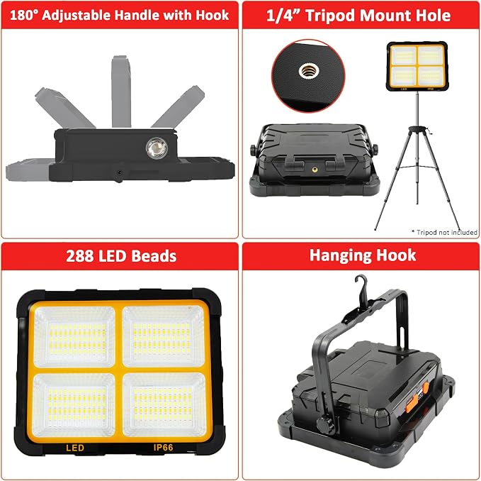 150W Portable Rechargable Dual Solar Panel LED Work Light with 5 Modes, 10000LM 21600mAh IP66 Waterproof Outdoor Flood Light