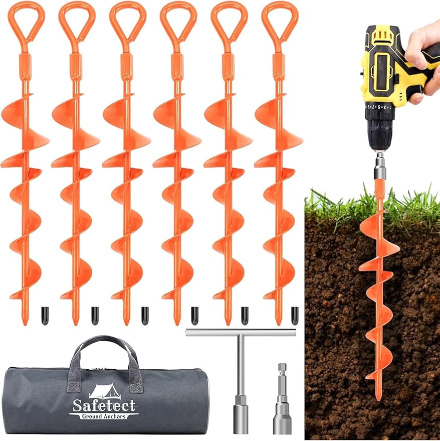 Ground Anchors Screw in 15 Inch, 6 Pack Spiral Trampoline Anchors Stakes Heavy Duty, Swing Set Anchors Tent Stakes for Camping, Car Ports, Canopies, Sheds, Securing Animals