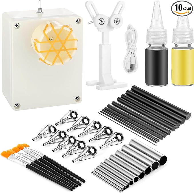 39 Pcs Fishing Rod Repair Kit, Include Fishing Rod Wrapping Winding Machine Rotator Set, 10 Top Guides 10 Repair Tubes 10 Carbon Fiber Inserts 2 Epoxy Glue 5 Paintbrush Rods Building Tool