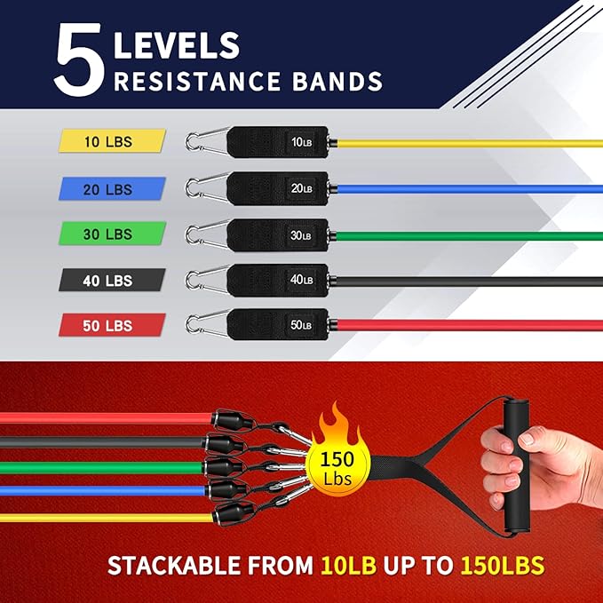 WHATAFIT Resistance Bands, Exercise Bands, Workout Bands with Handles, Door Anchor and Ankle Straps, 5 Resistance Levels Fitness Bands for Strength Training, Physical Therapy, and Home Gym Equipment