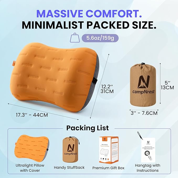 Inflatable Camping Pillow - Ultralight Compact Air Pillow for Travel, Backpacking & Hiking - Ergonomic Neck & Lumbar Support - Portable Inflatable Pillow with Removable Washable Cover -(Orange 2 Pack)