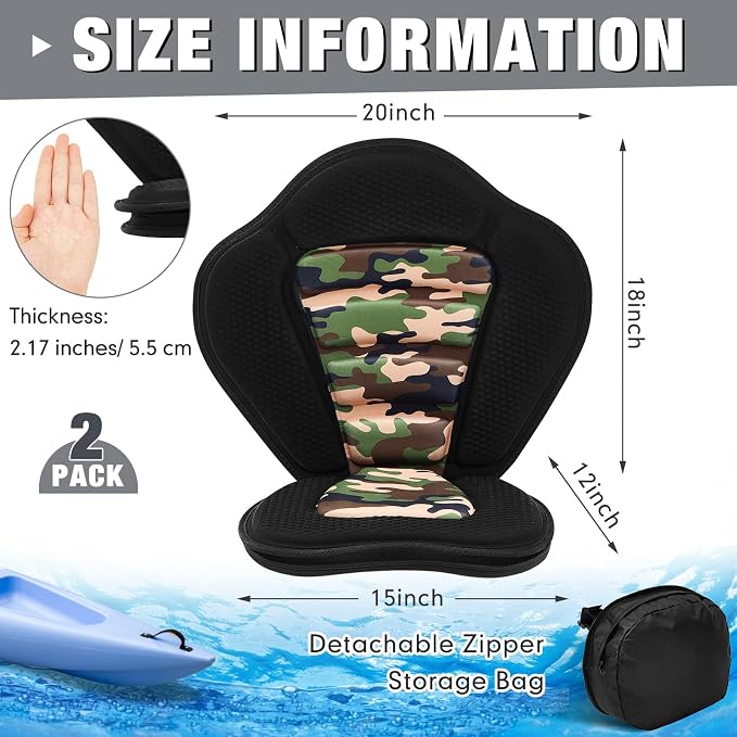Lewtemi Thicken Kayak Seat with Back Support Canoe Paddle Board Seat with Detachable Storage Bag Adjustable Sit on Top Paddleboard Cushion for Kayaking Canoeing Rafting