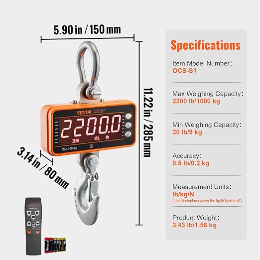 VEVOR Crane Scale, Hanging Scale Industrial Heavy Duty, Digital Crane Scale with Remote Control, Cast Aluminum Case & LED Screen, 2200 lbs/1000 kg,High Precision for Construction, Factory, Farm