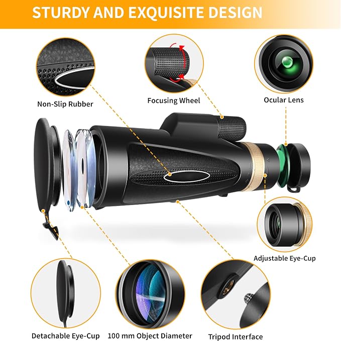 Monocular Telescope 80x100 HD Monoculars for Adults with Tripod & Phone Adapter, Monoculars for Stargazing Camping HikingTravel-Black
