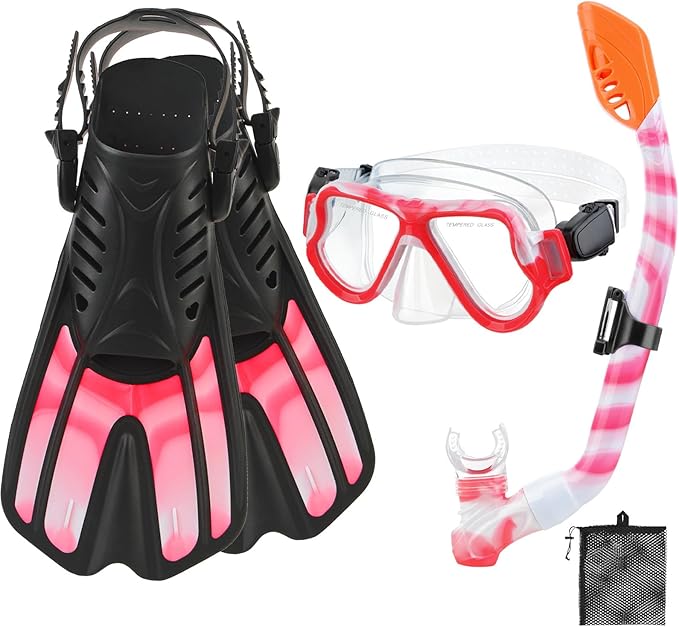 Snorkeling Gear for Kids, 4 in 1 Child Mask Fins Snorkel Set with Panoramic View Anti Fog Mask, Dry Top Snorkel, Trek Fins and Travel Bag, Kids Snorkeling Set with Fins for Snorkeling Swimming