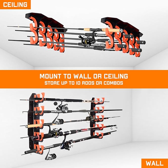 Hikeen Fishing Rod Holders, Fishing Pole Holders for Garage, Wall or Ceiling Mounted Fishing Rod Rack Holds Up to 10 Rods（1 Pack）