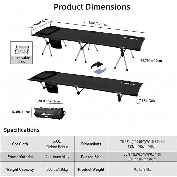 Lightweight Camping Cot for Adults, Foldable Sleeping Cot with 300 lbs Capacity, Portable Compact for Backpacking, Hiking, Travel, Office Nap, Quick Setup 1Pack | Flyernature