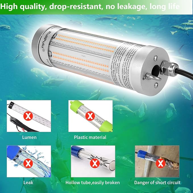 300W 36000lm Underwater Fishing Light, IP68 Waterproof Aluminum Super Bright Night Fish Attracting Submersible LED Lamp Lure Bait Finder for Freshwater Saltwater Sea Kayak Ice Dock (Yellow)