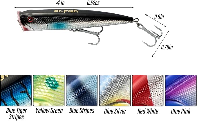 Dr.Fish Popper Saltwater Fishing Lures, 4/5.5 Inches GT Popper VMC Treble Hooks Surf Fishing Lures for Bass Striper Pike Salmon Offshore