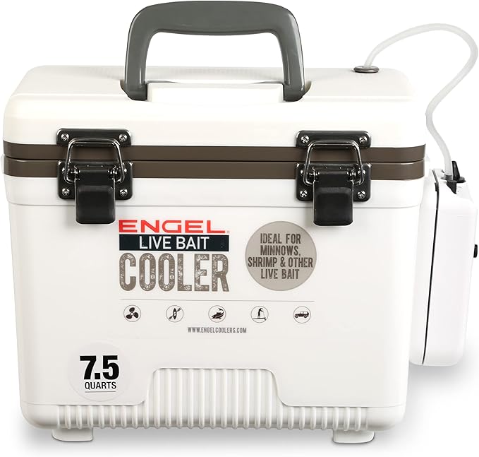 Engel Live Bait Cooler Box with 2nd Gen 2-Speed Aerator Pump - Portable Fishing Station & Minnow Bucket for Shrimp & Other Live Fish with Aerator - ENGLBC-N